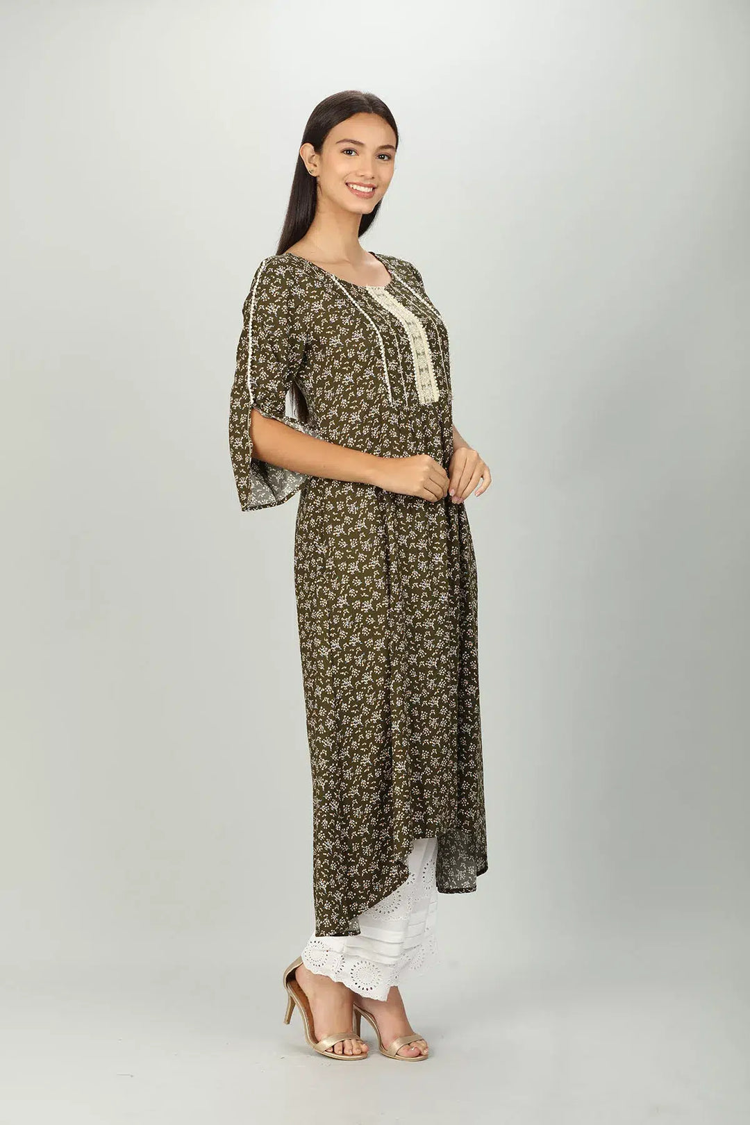 Dark Brown Printed Kurti with round neck