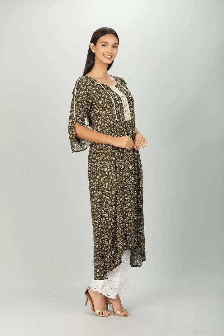 Dark Brown Printed Kurti with round neck