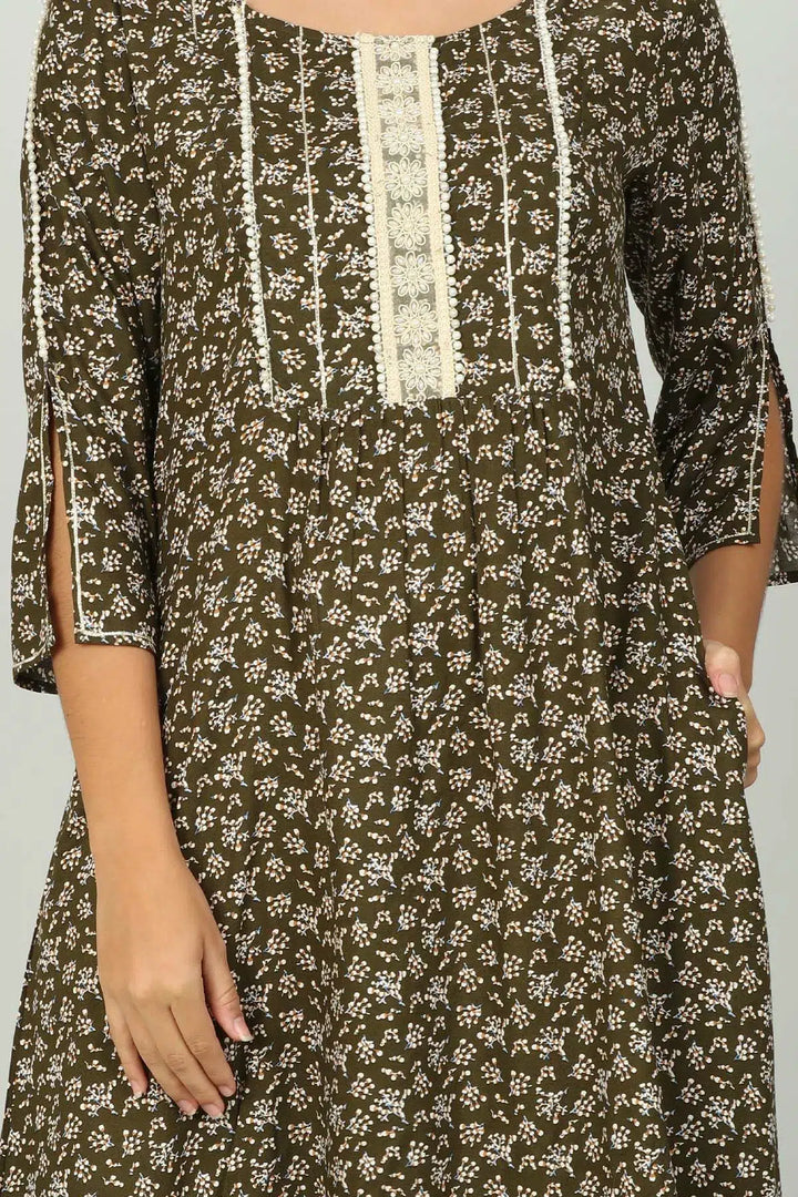 Dark Brown Printed Kurti with round neck