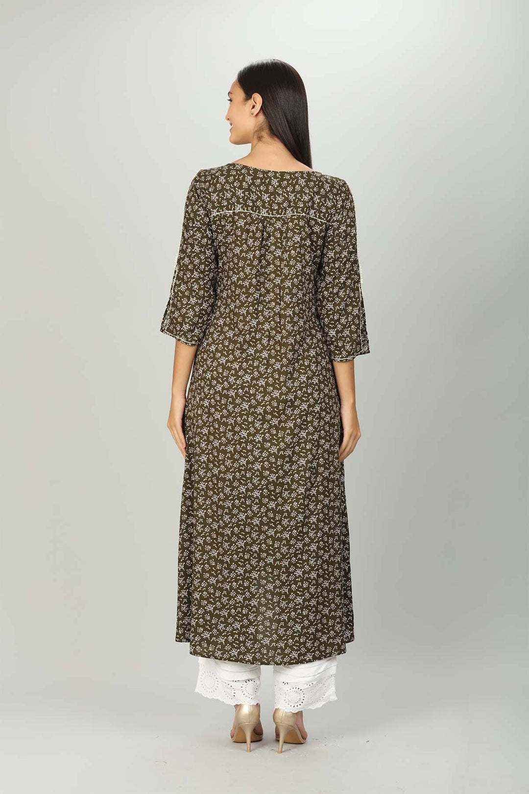 Dark Brown Printed Kurti with round neck