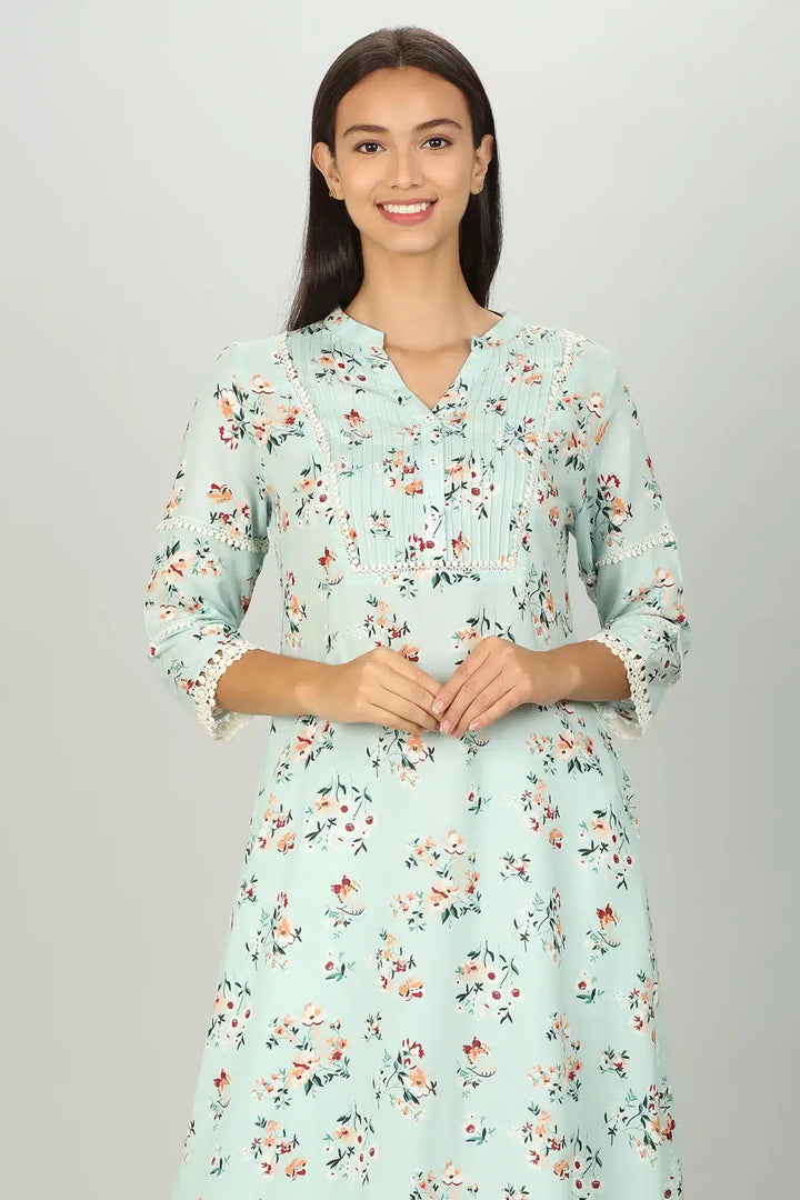 Mint Green Floral Print Aline Kurti