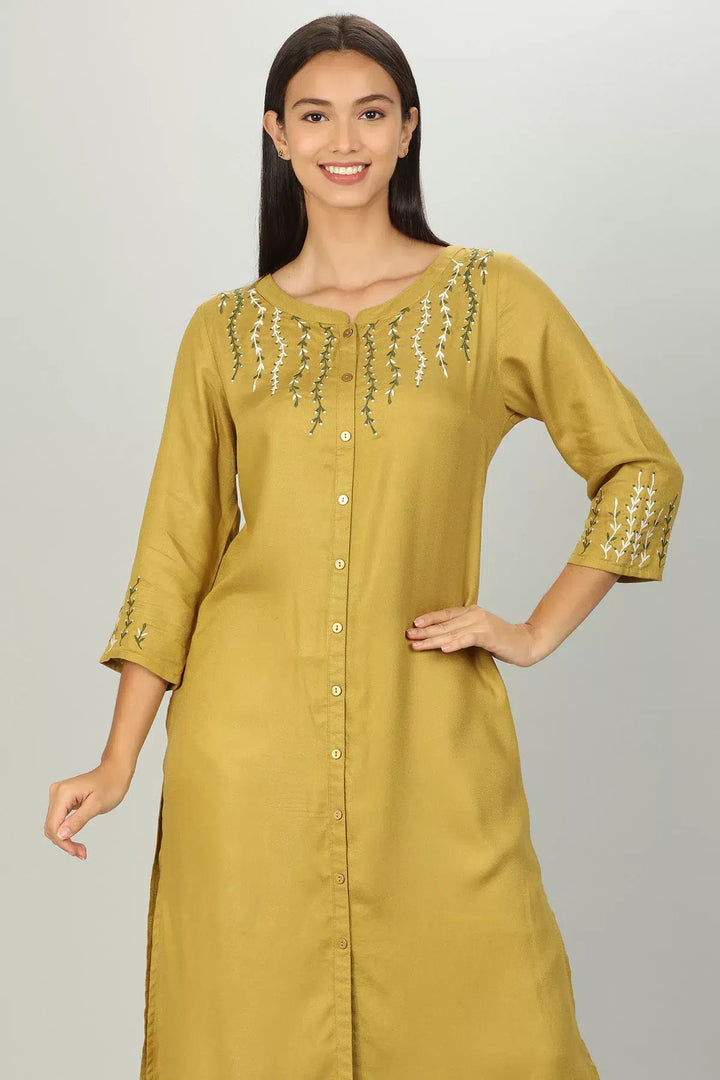 Mustard Yellow Embroidered Kurti
