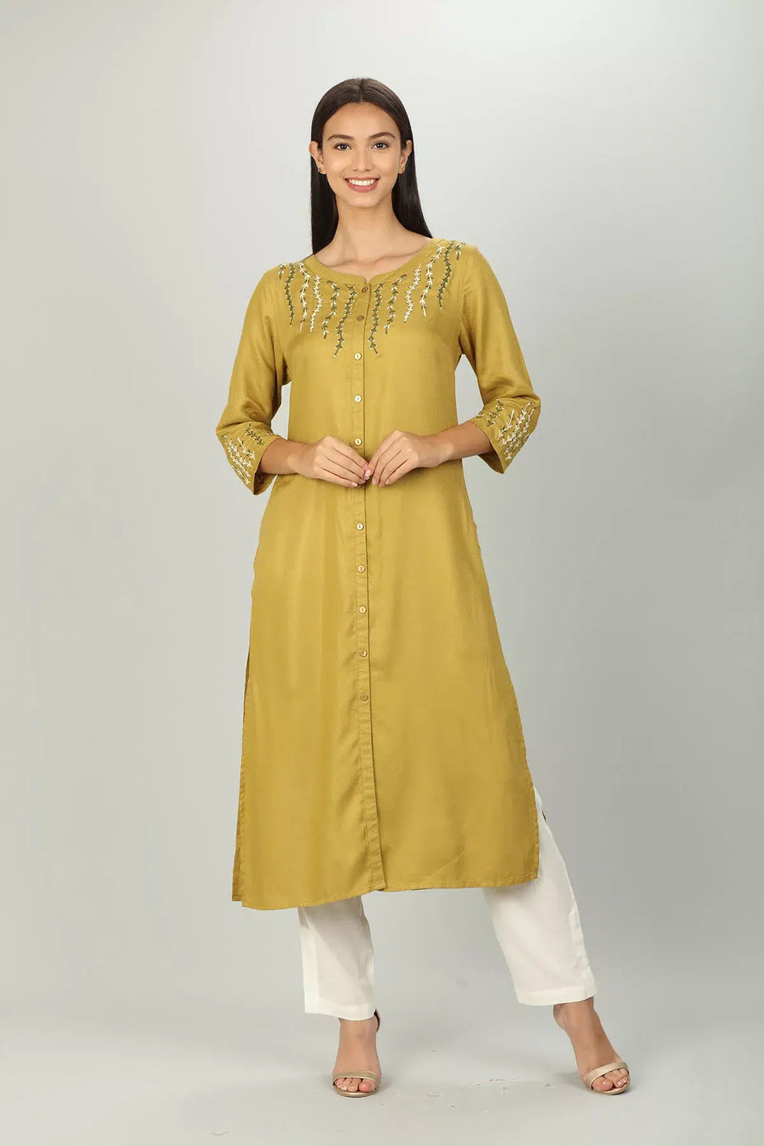 Mustard Yellow Embroidered Kurti
