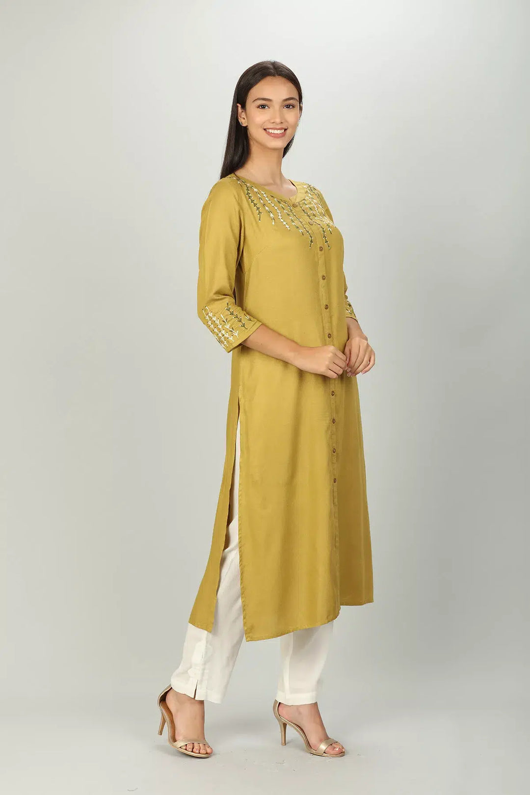 Mustard Yellow Embroidered Kurti