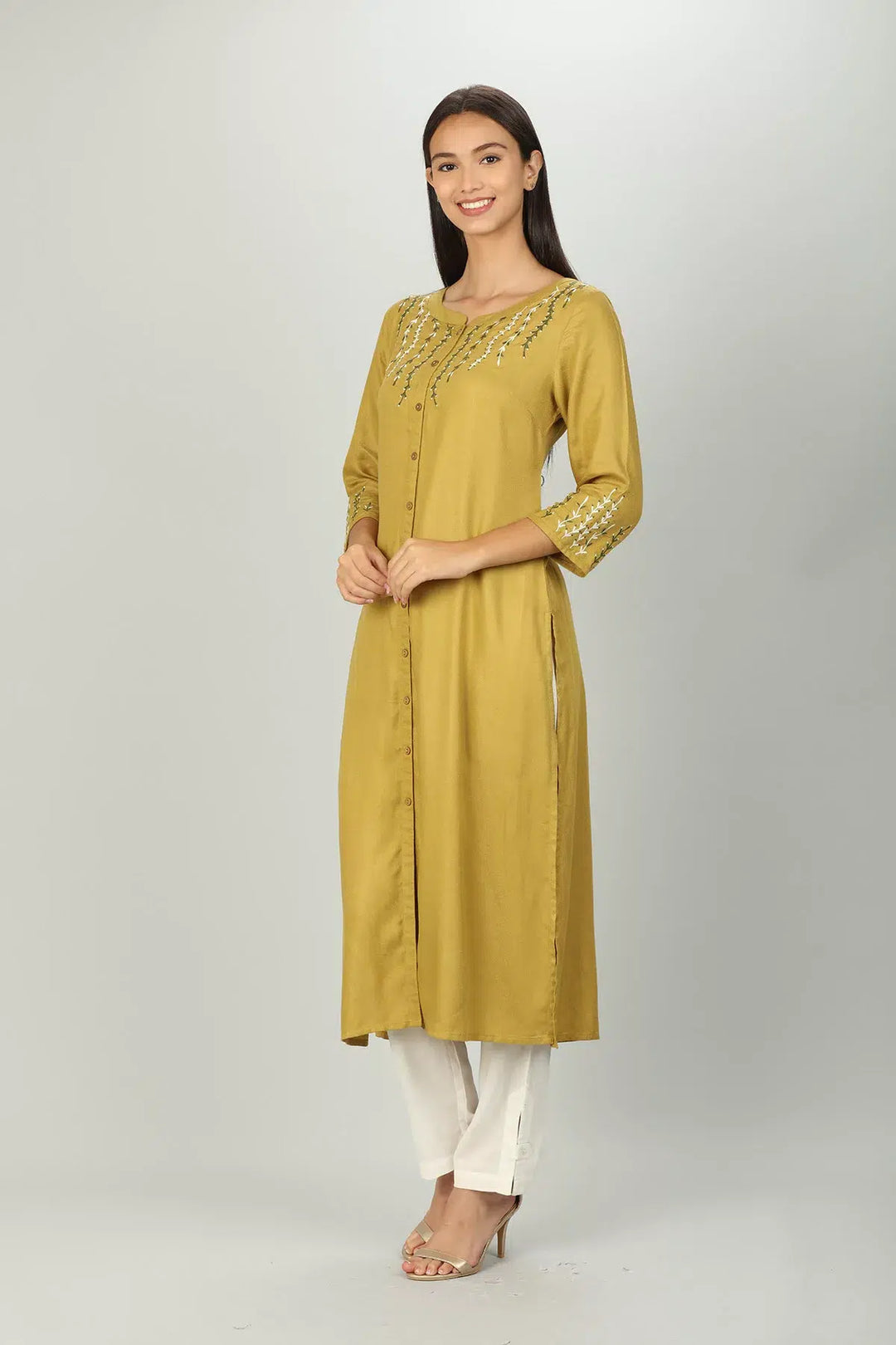 Mustard Yellow Embroidered Kurti