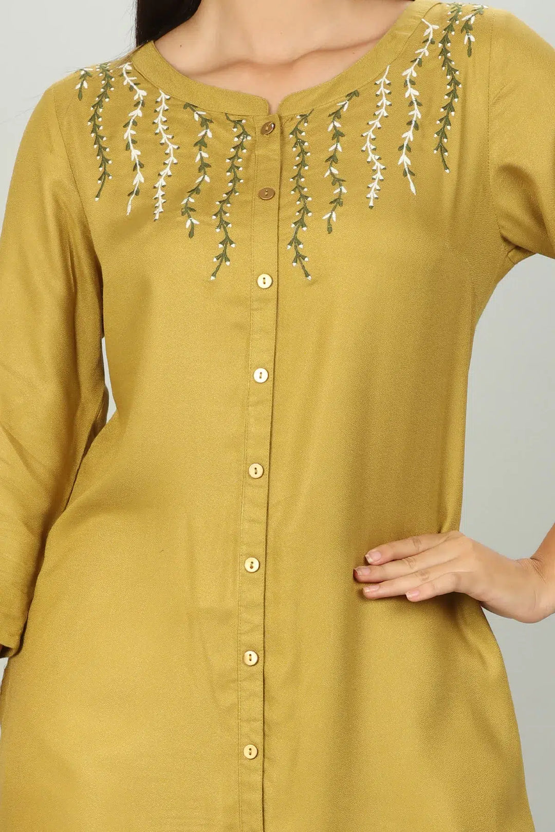 Mustard Yellow Embroidered Kurti