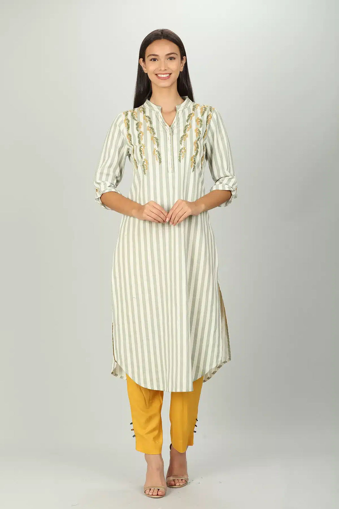 White and Light Grey Stripe Embroider Kurti