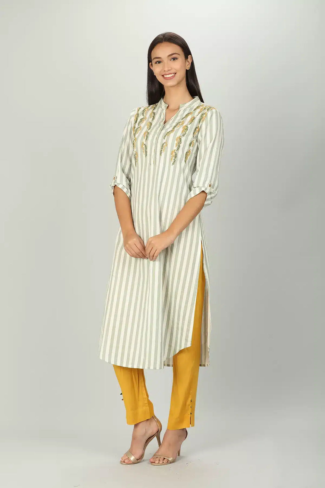 White and Light Grey Stripe Embroider Kurti