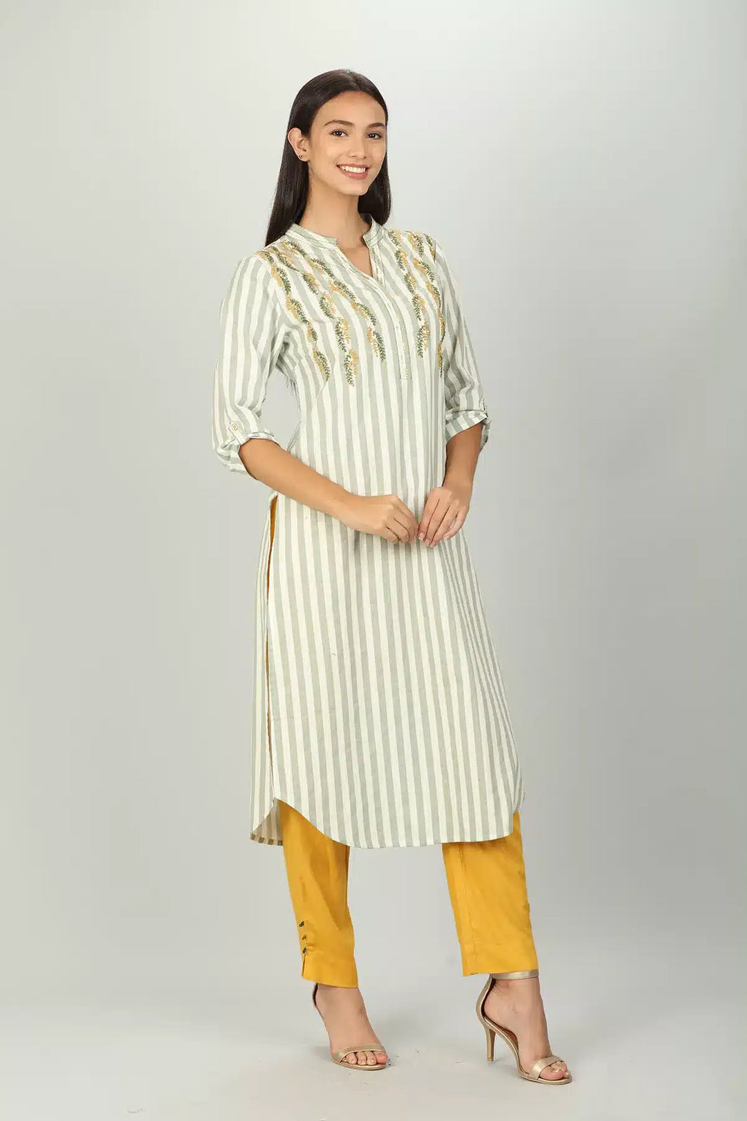 White and Light Grey Stripe Embroider Kurti