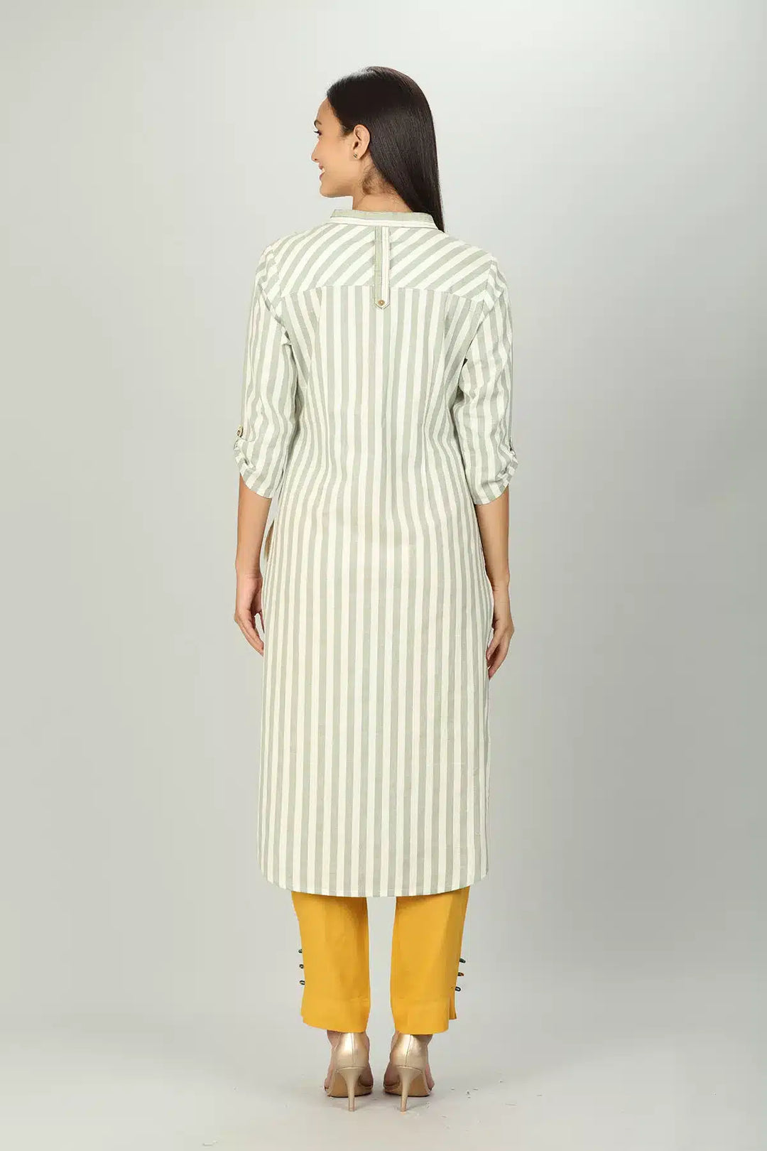 White and Light Grey Stripe Embroider Kurti