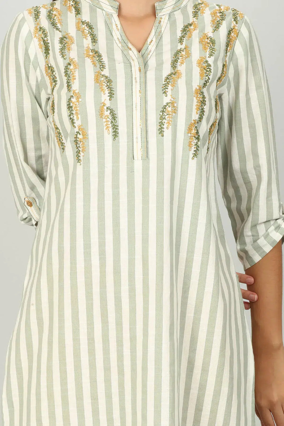 White and Light Grey Stripe Embroider Kurti