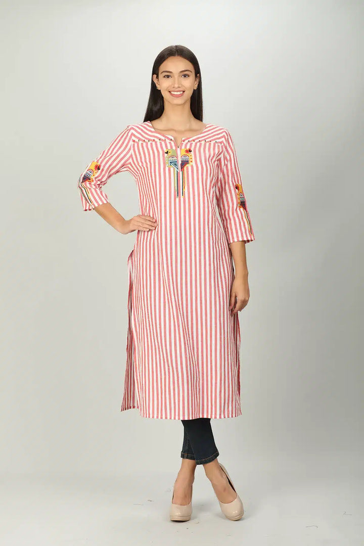 Red and White Stripe Embroider Kurti