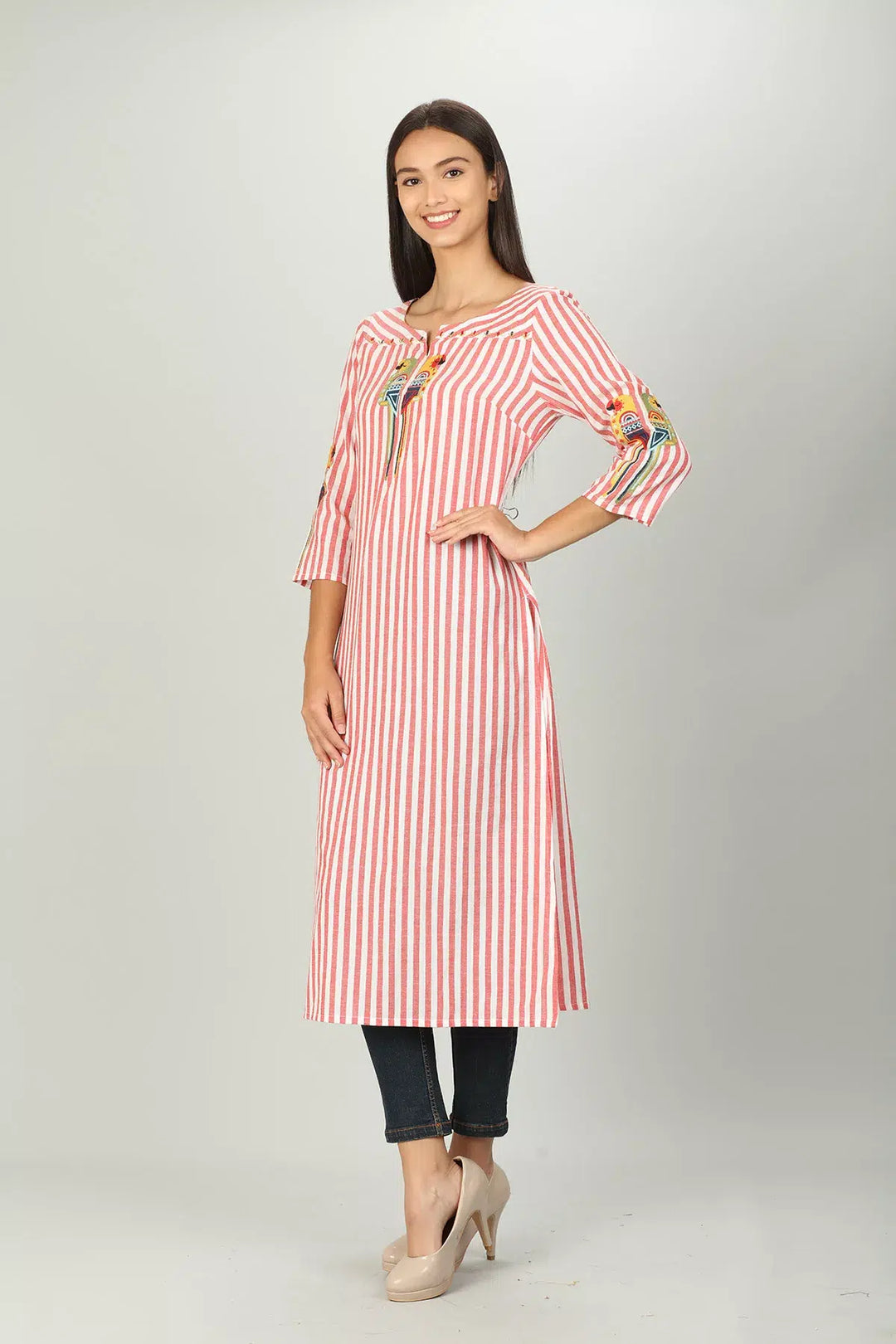 Red and White Stripe Embroider Kurti