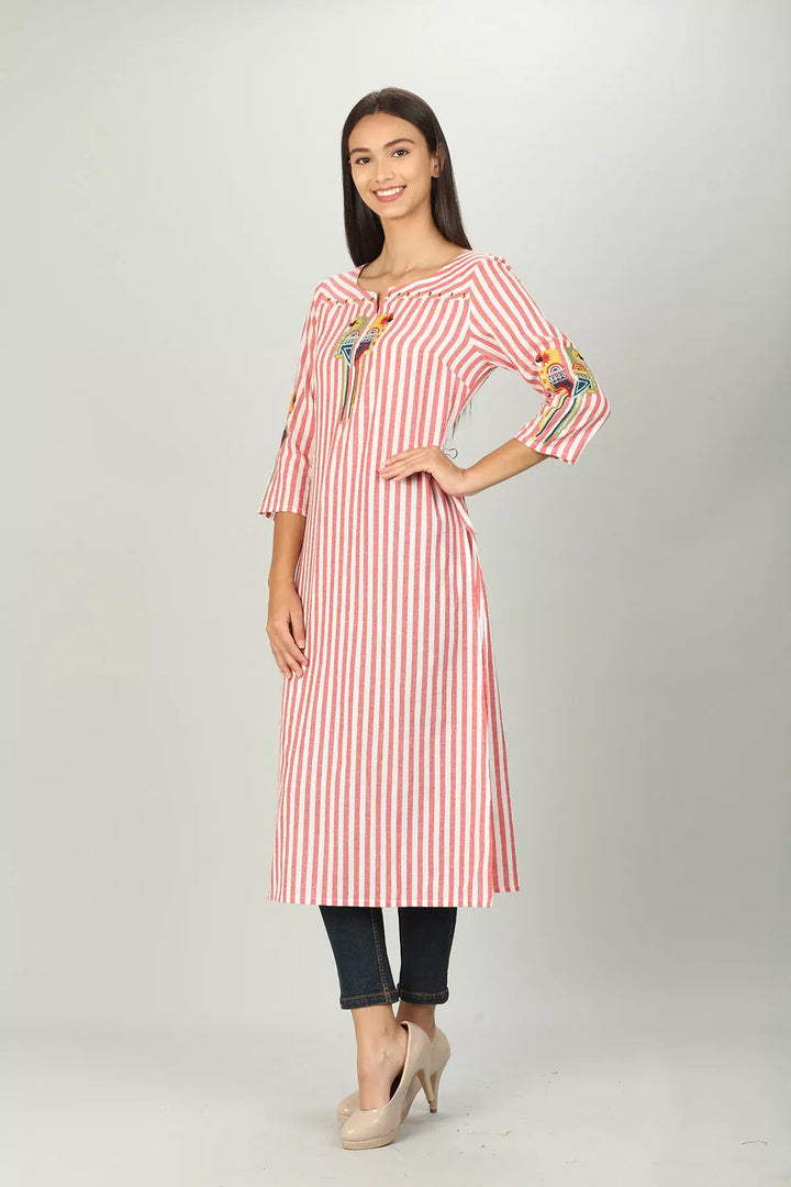 Red and White Stripe Embroider Kurti