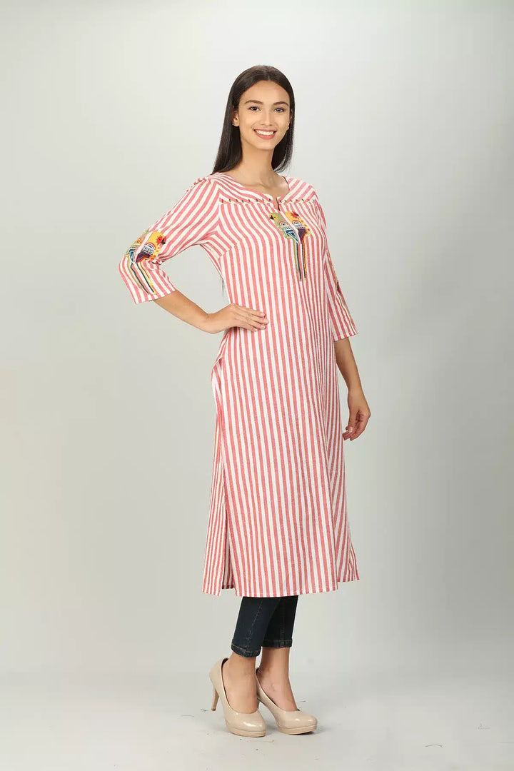 Red and White Stripe Embroider Kurti