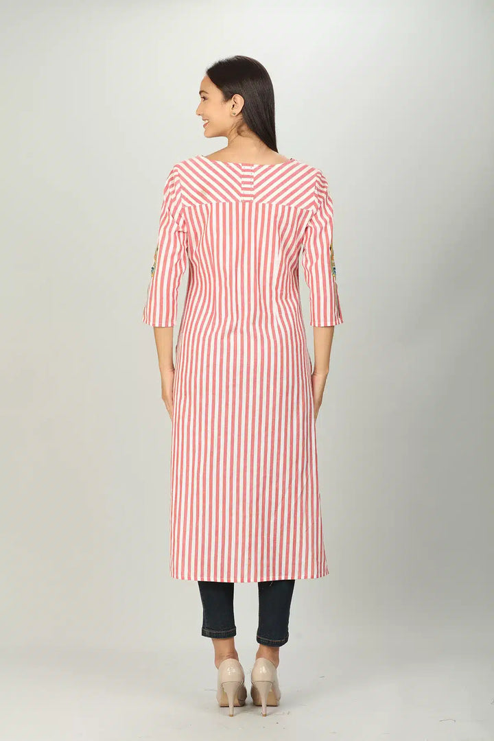 Red and White Stripe Embroider Kurti