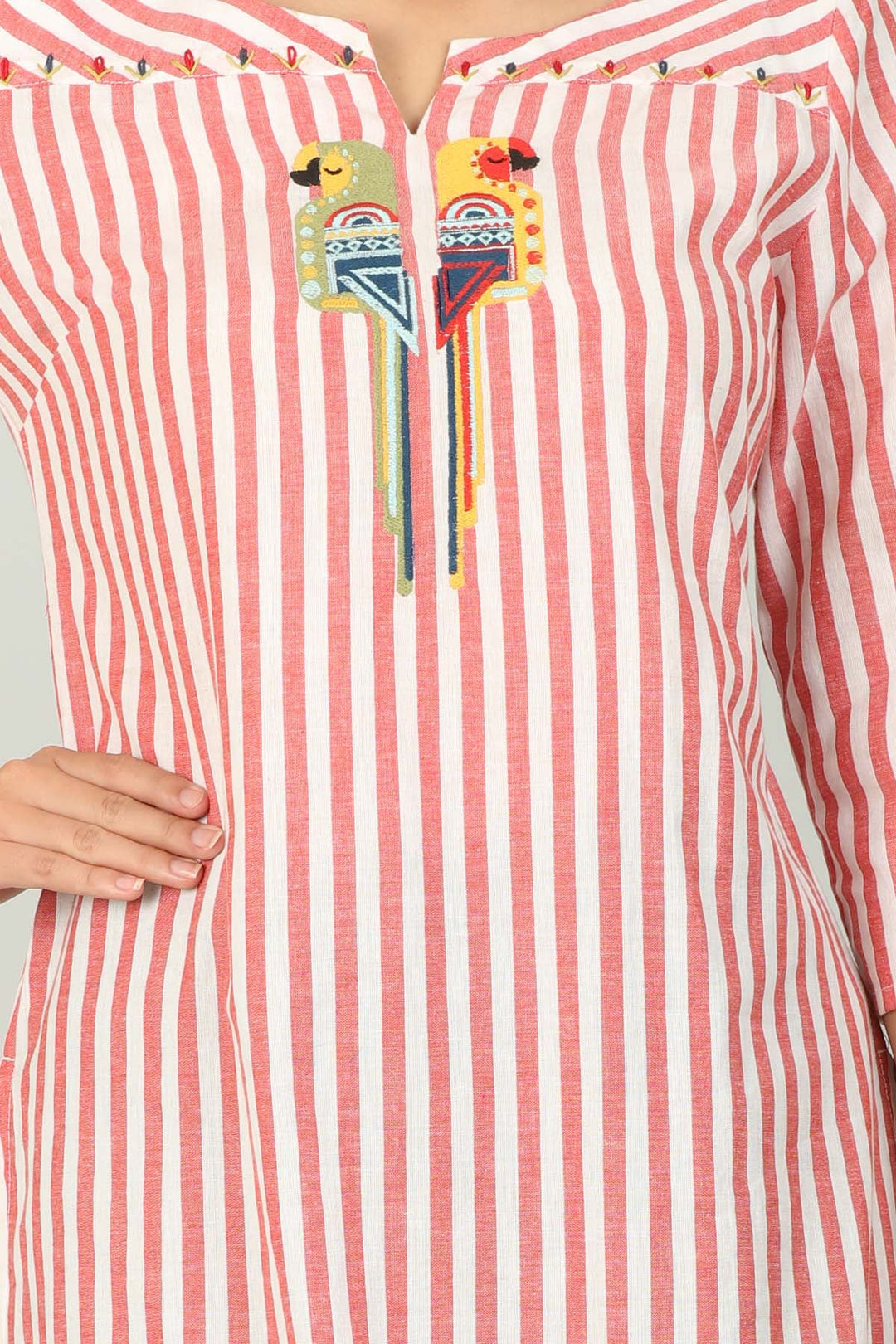 Red and White Stripe Embroider Kurti