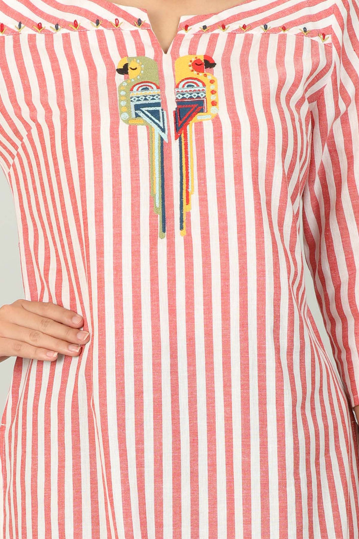 Red and White Stripe Embroider Kurti