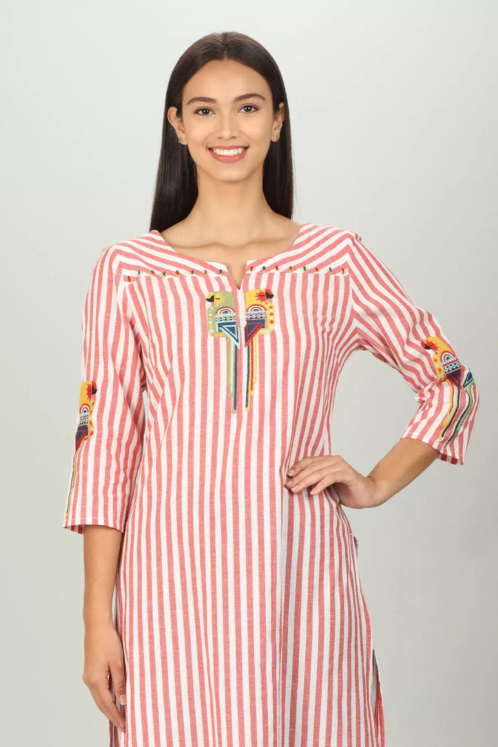 Red and White Stripe Embroider Kurti
