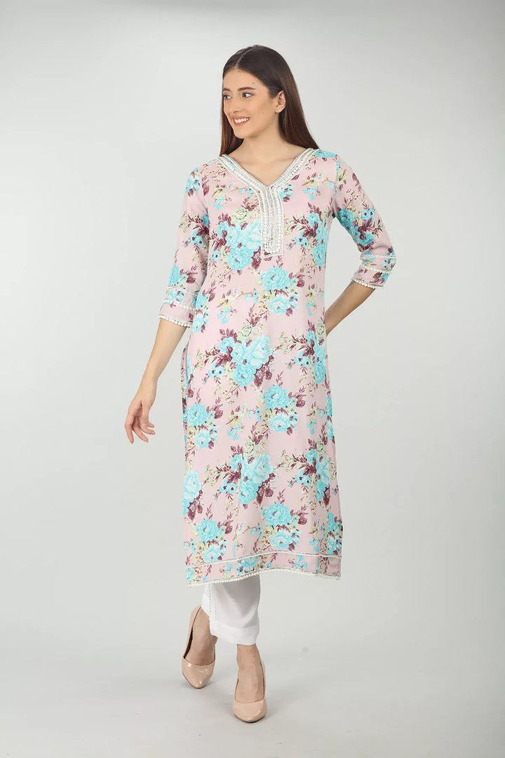 Pink Floral Printed V-Neck Kurta