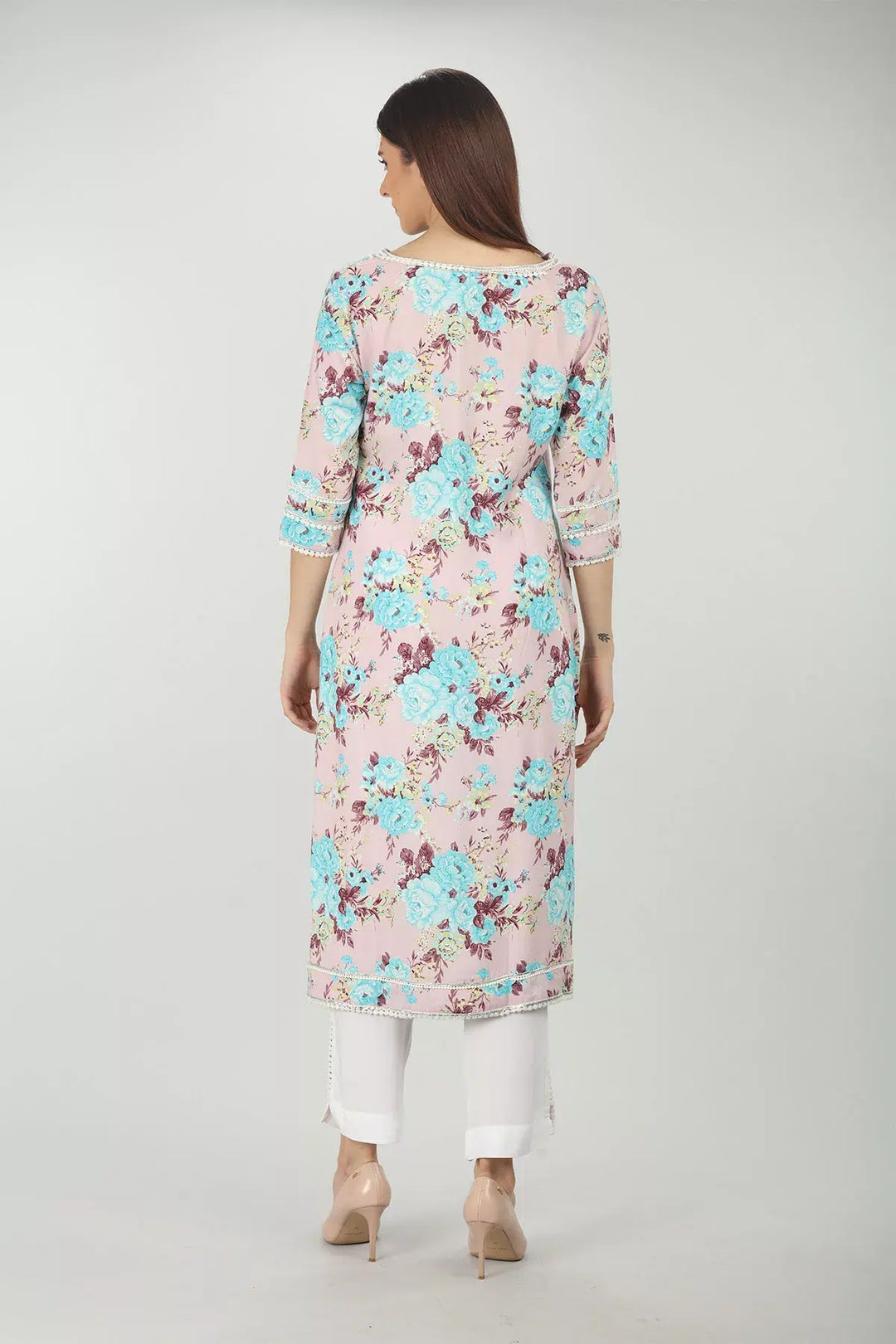 Pink Floral Printed V-Neck Kurta