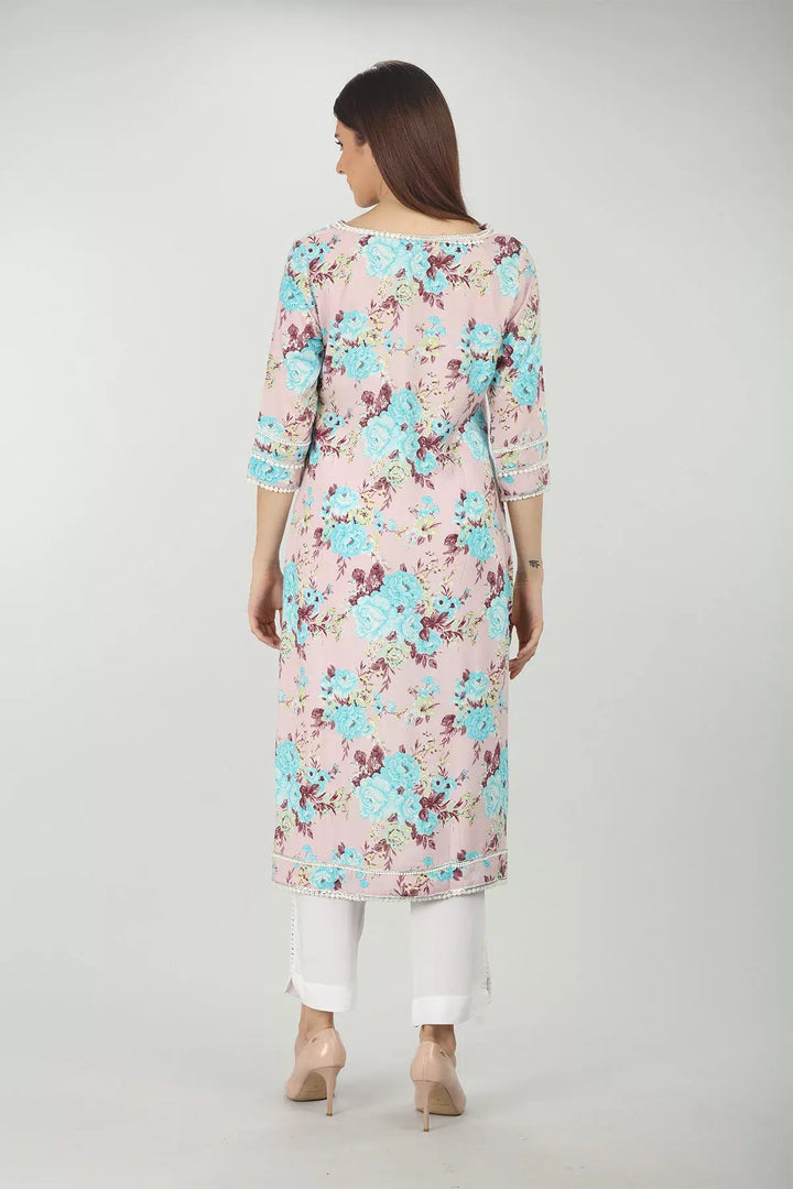 Pink Floral Printed V-Neck Kurta