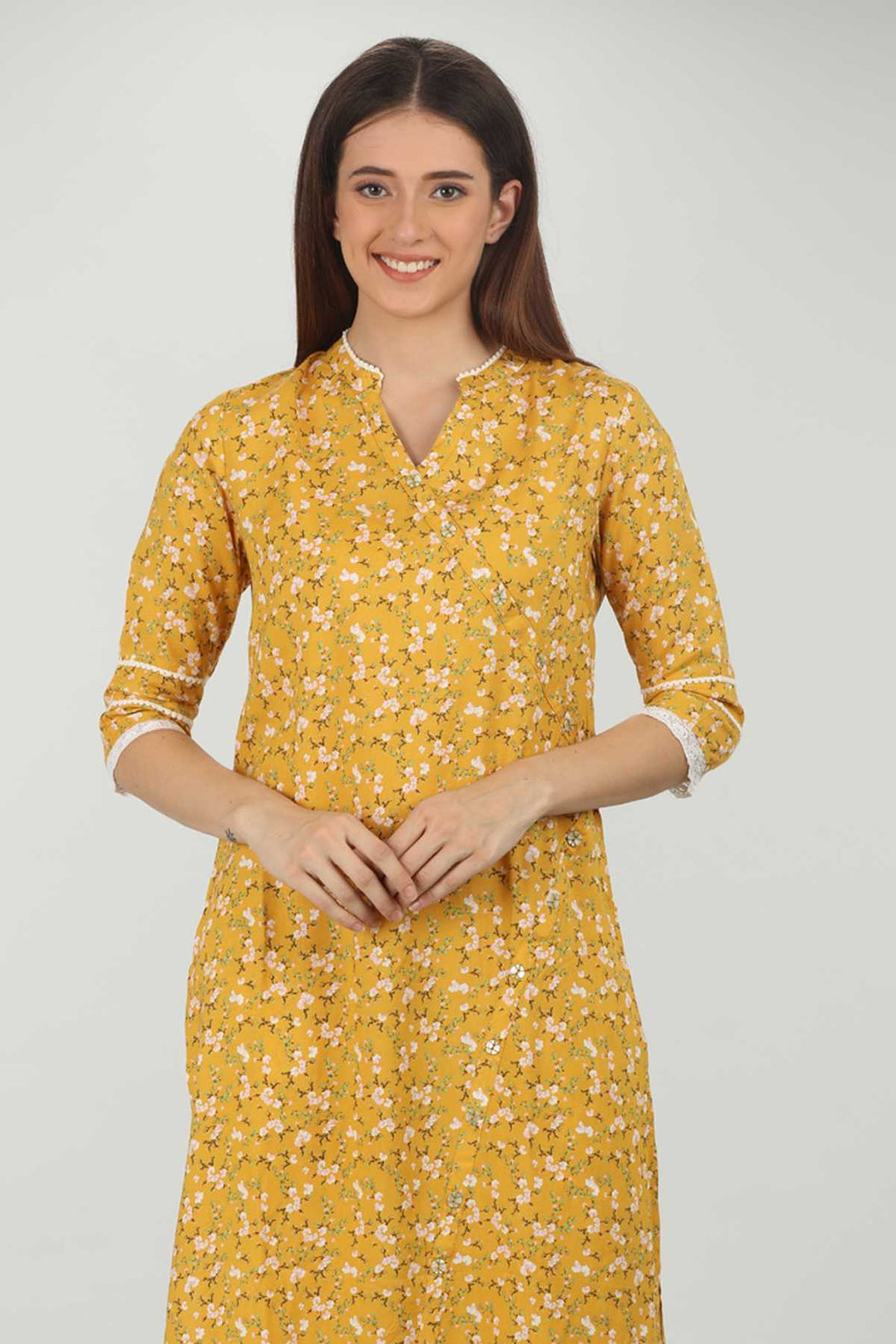 Yellow Printed V Neck Kurti
