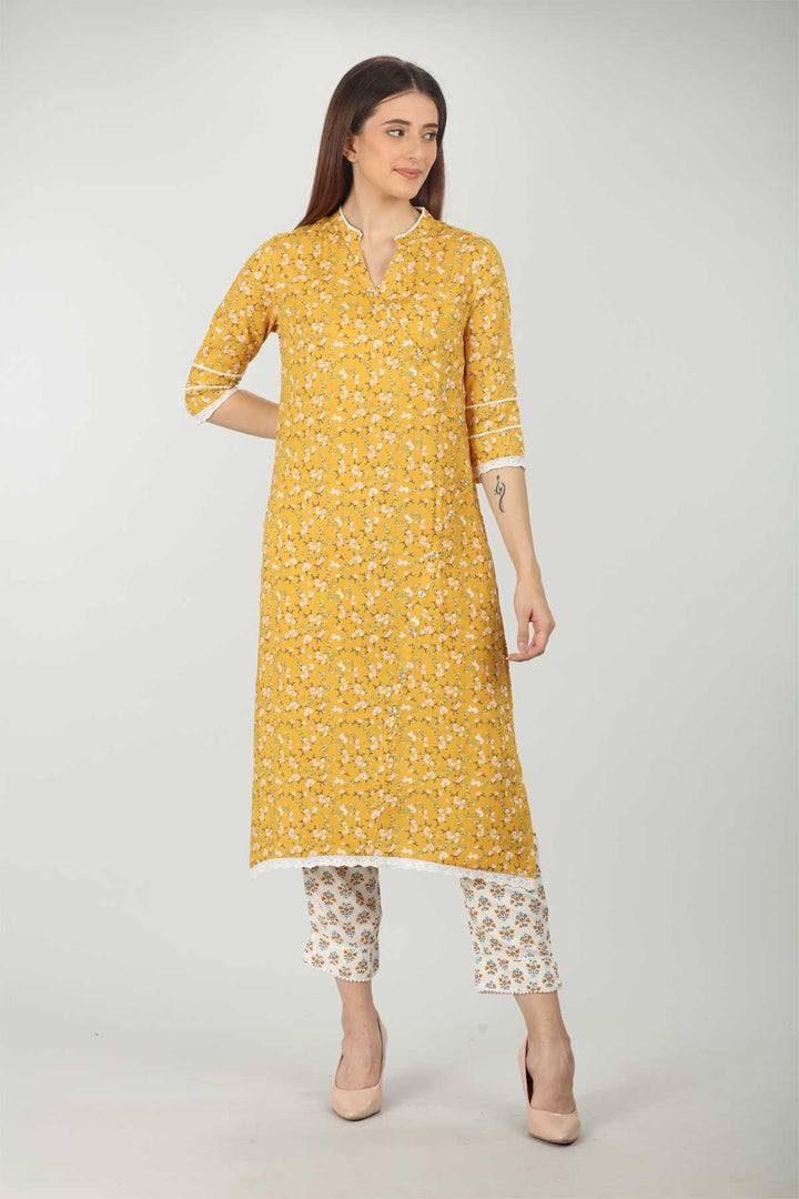 Yellow Printed V Neck Kurti
