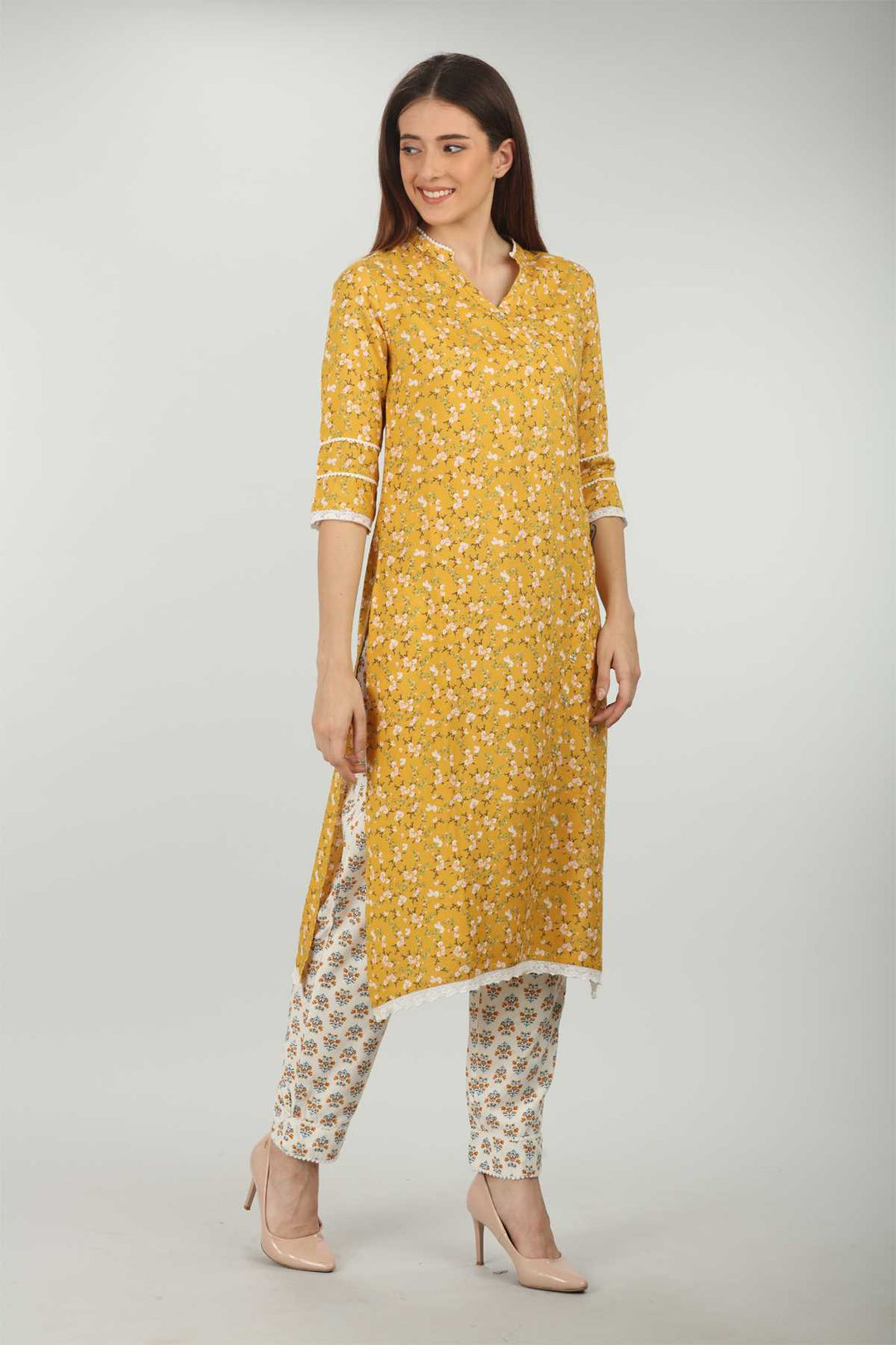 Yellow Printed V Neck Kurti