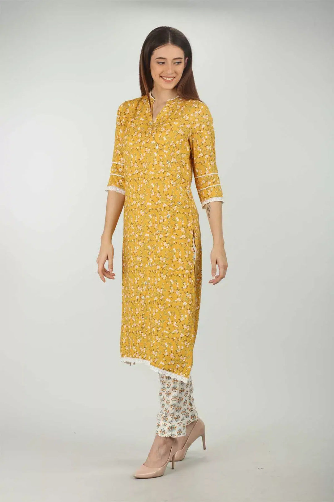 Yellow Printed V Neck Kurti