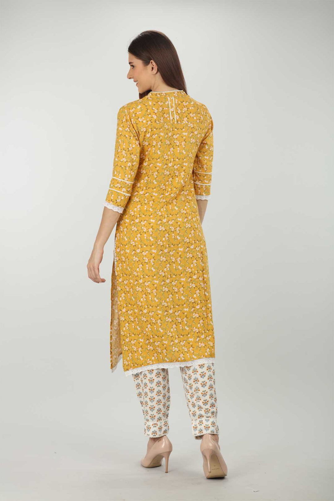Yellow Printed V Neck Kurti