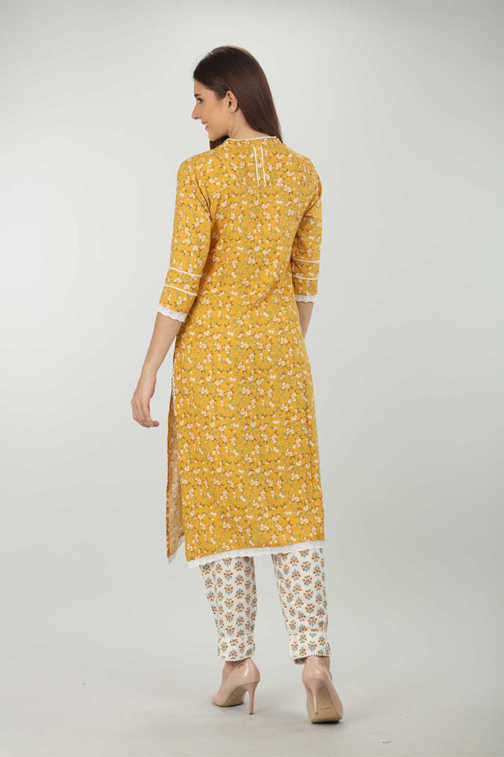 Yellow Printed V Neck Kurti
