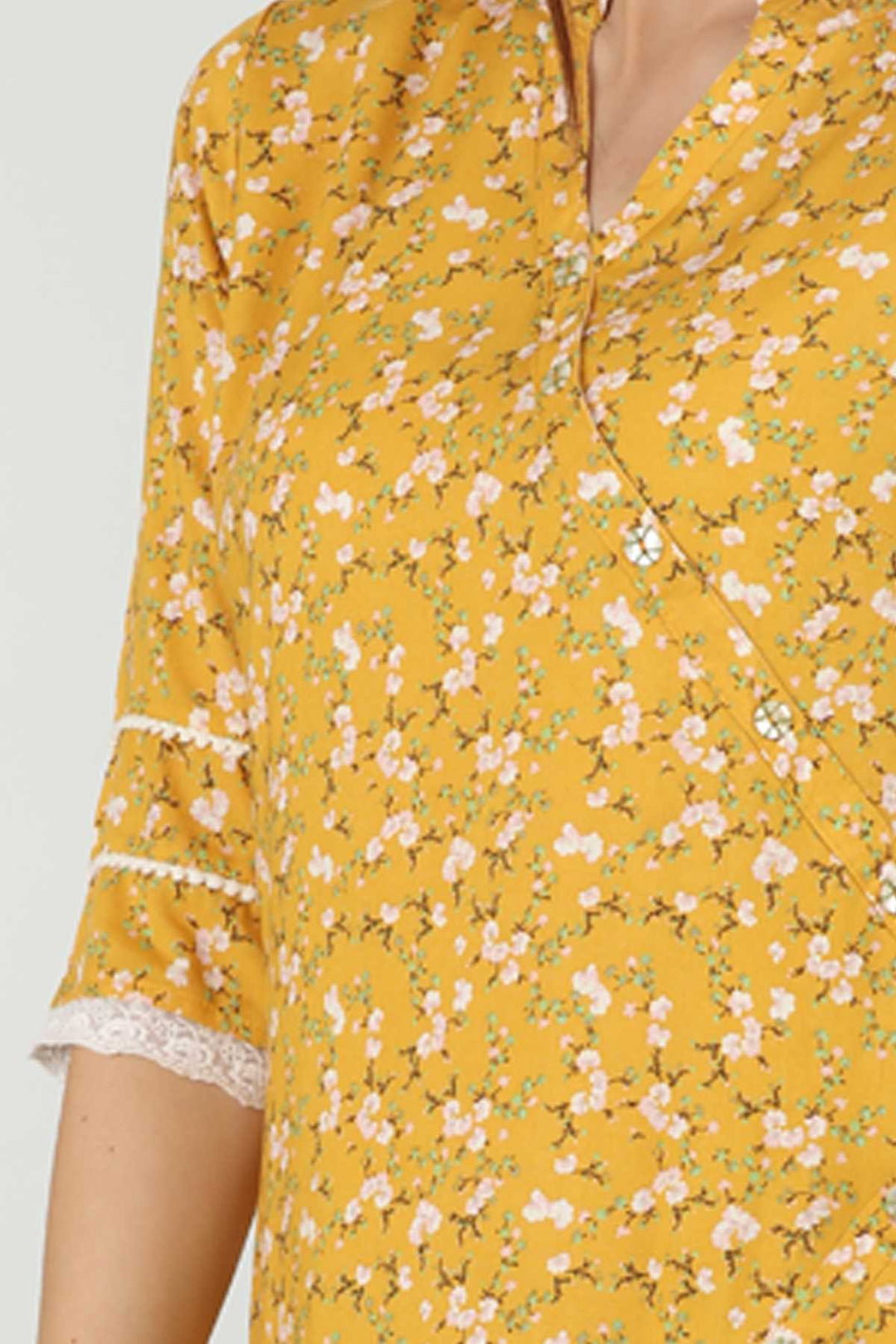 Yellow Printed V Neck Kurti