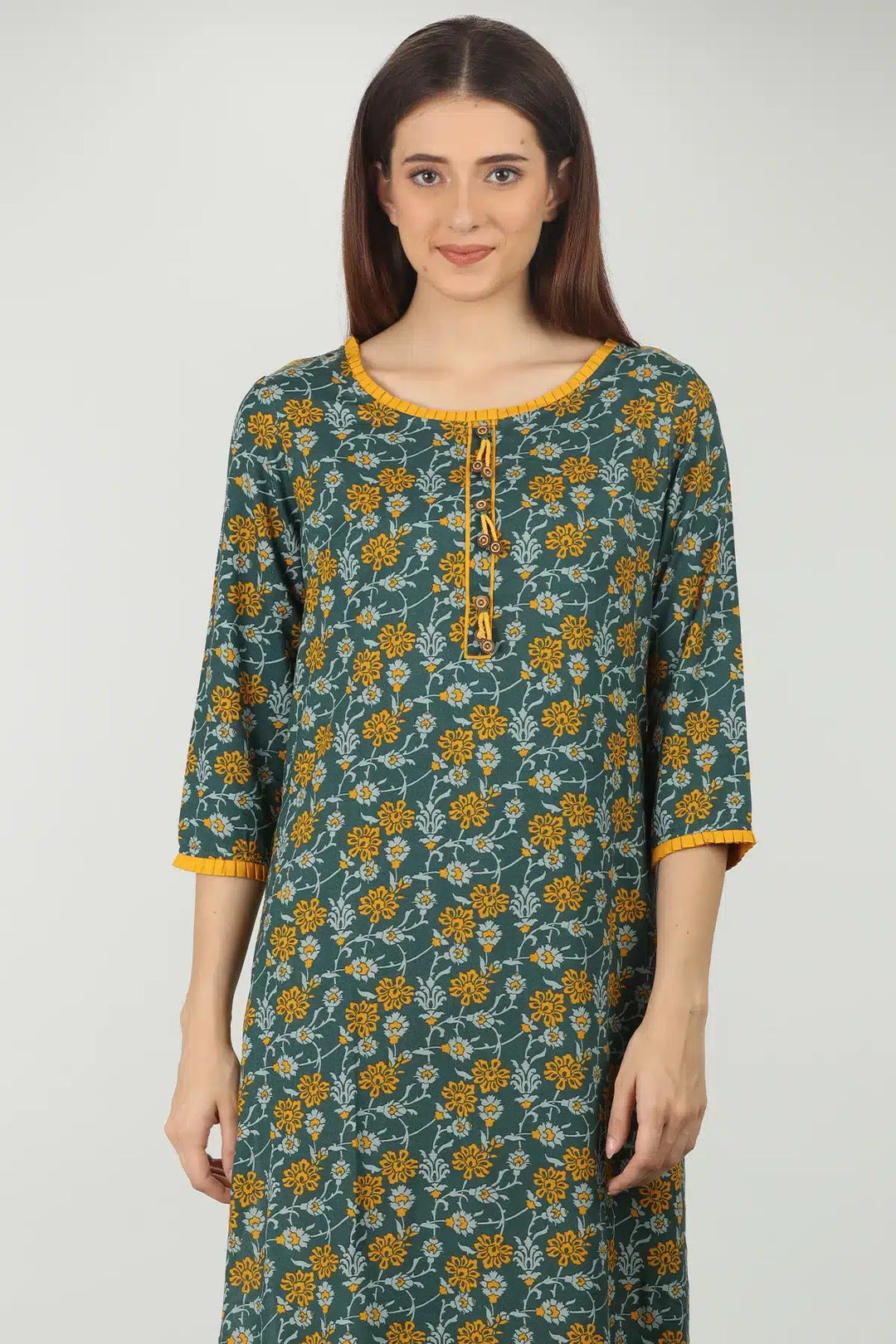 Dark Green round neck printed kurti