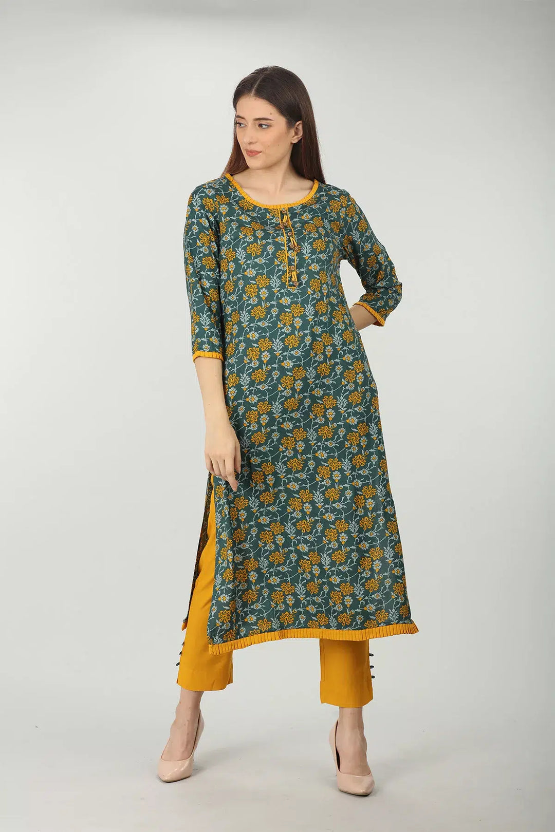 Dark Green round neck printed kurti