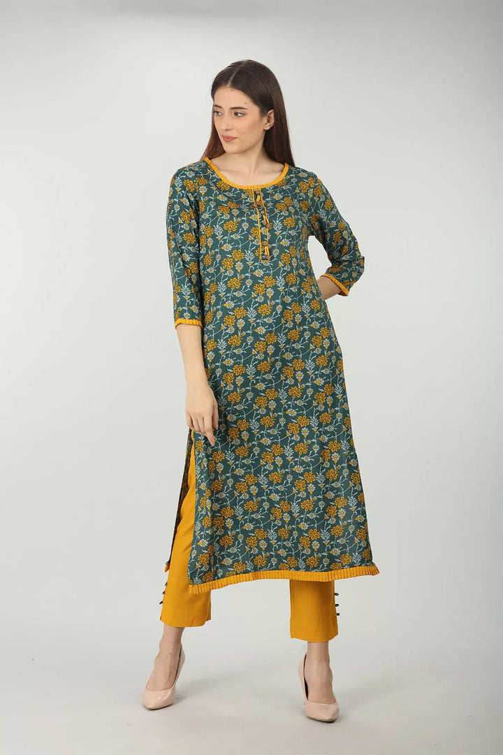 Dark Green round neck printed kurti