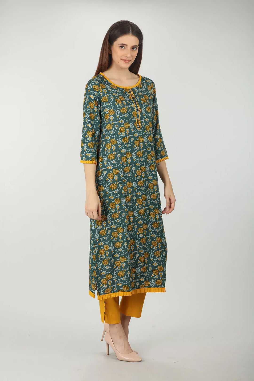 Dark Green round neck printed kurti