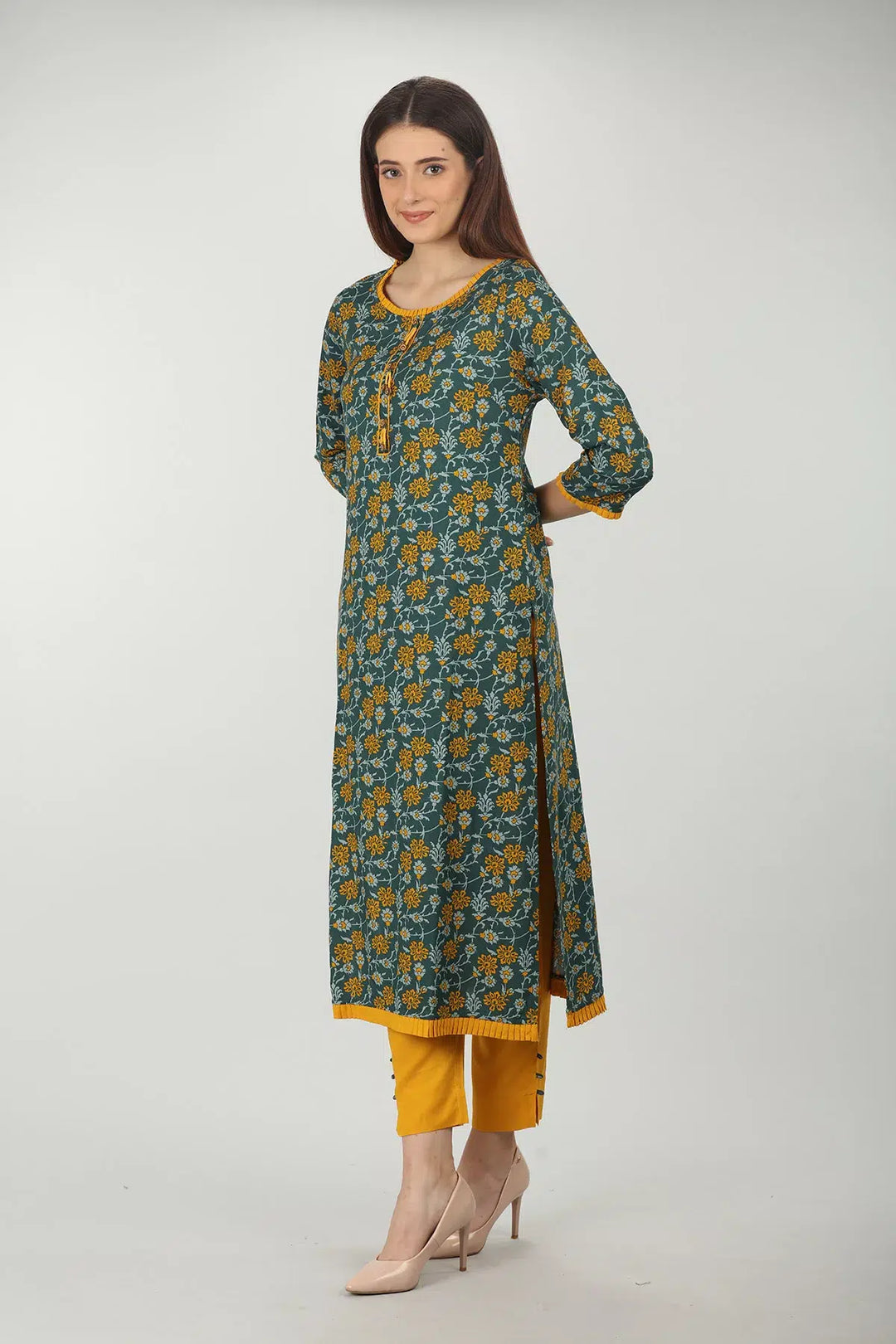 Dark Green round neck printed kurti