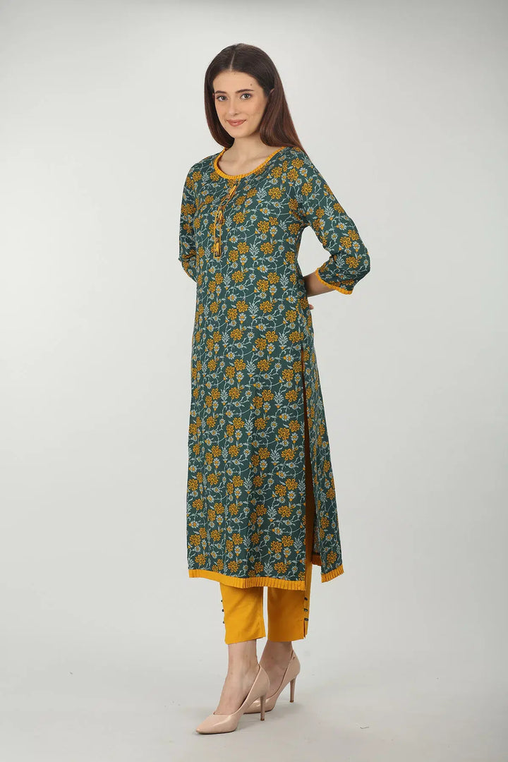 Dark Green round neck printed kurti