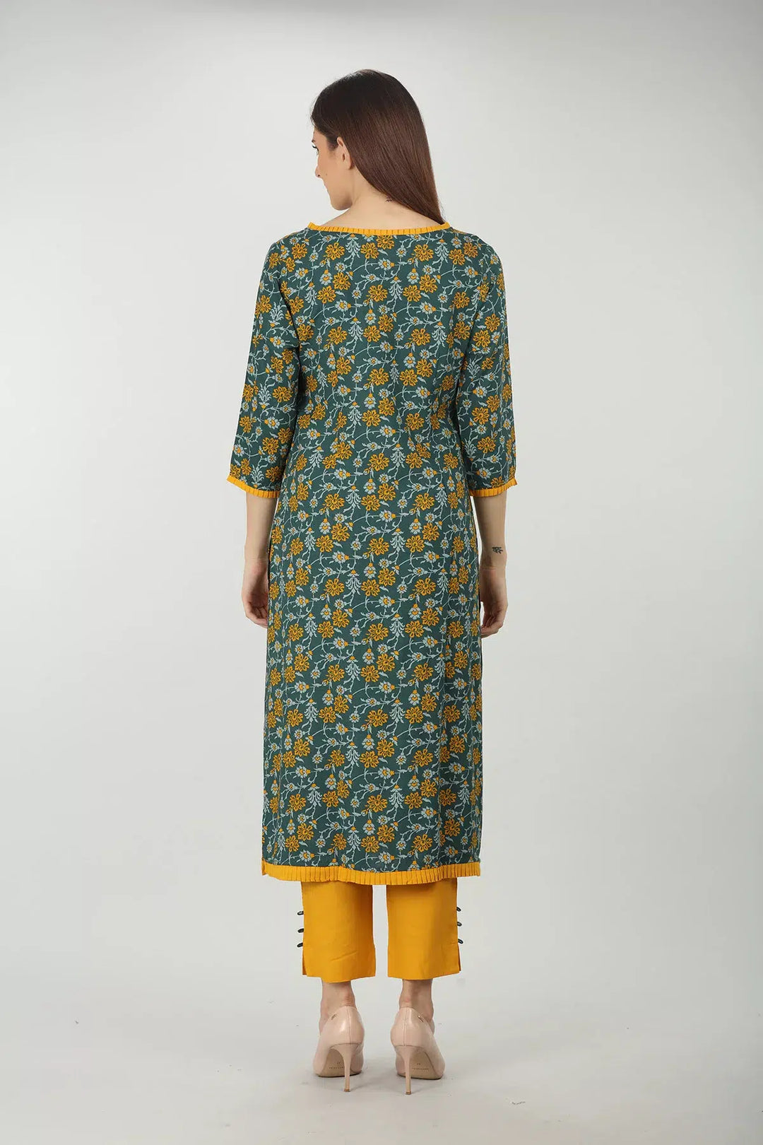 Dark Green round neck printed kurti