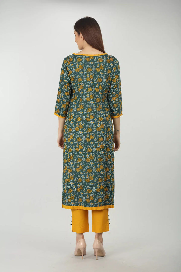 Dark Green round neck printed kurti