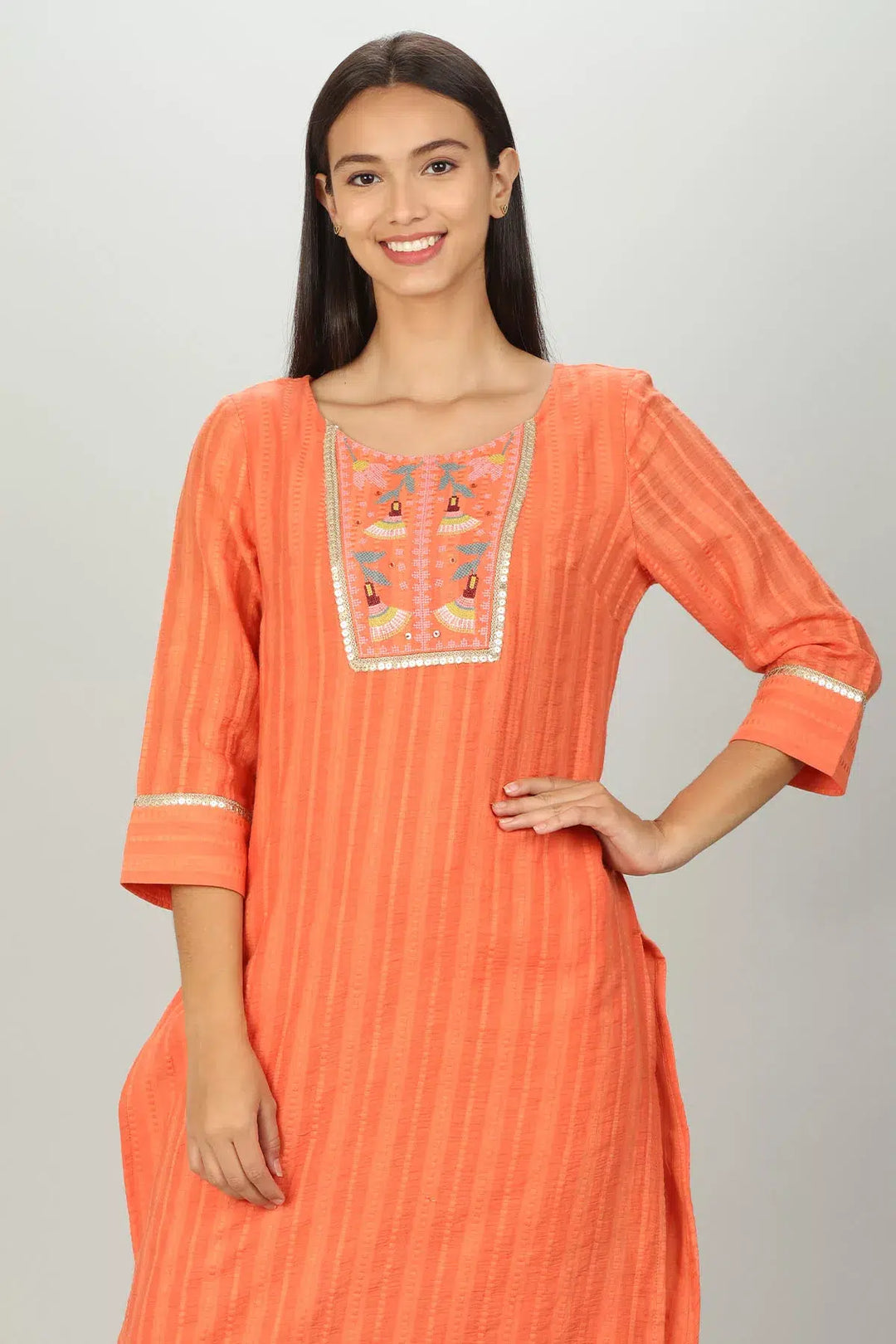 Embroidered &amp; Textured Orange Kurta