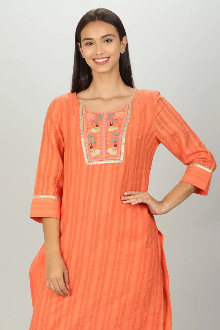 Embroidered &amp; Textured Orange Kurta