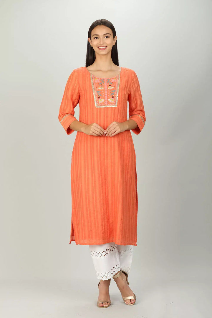Embroidered &amp; Textured Orange Kurta