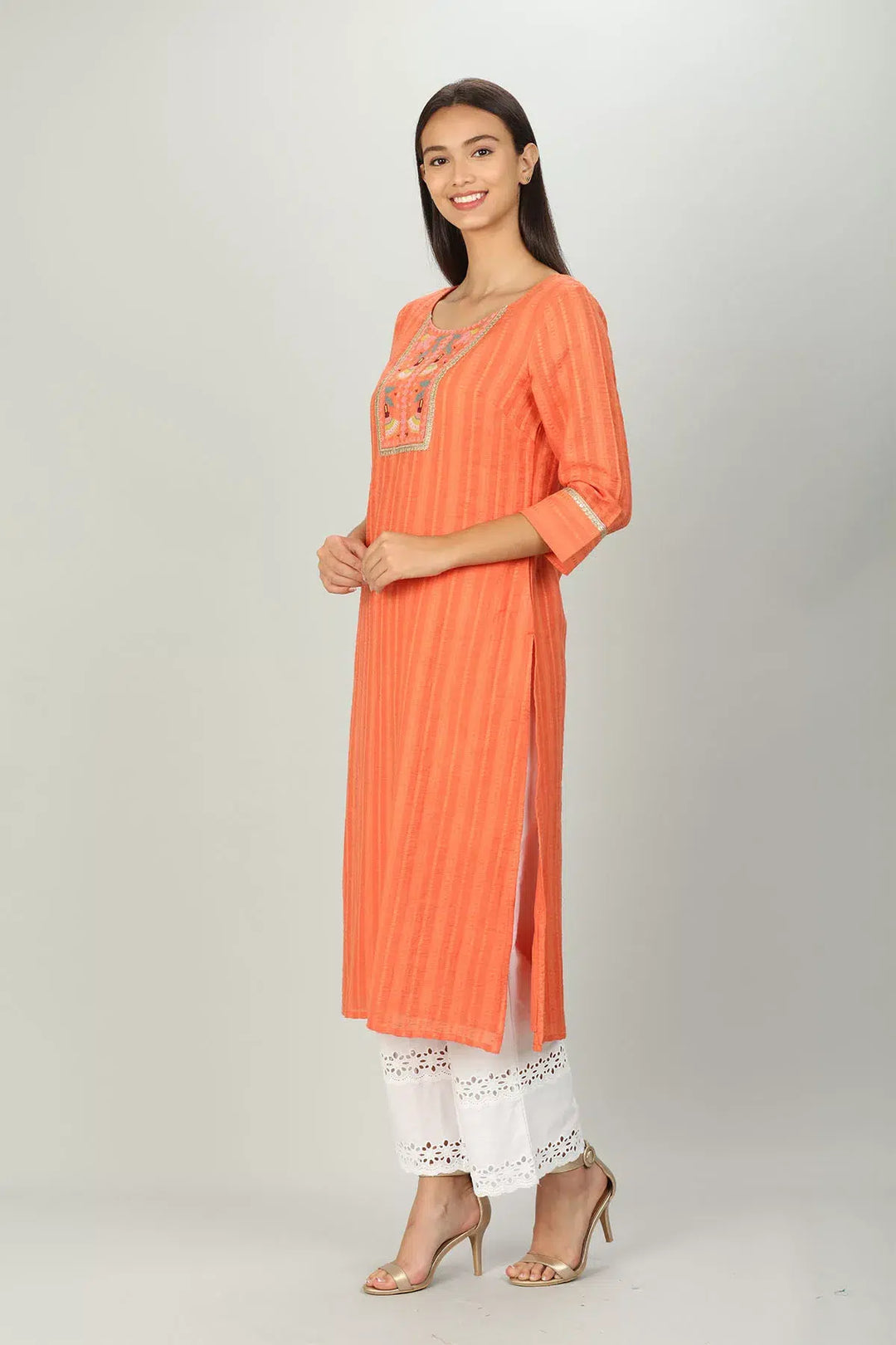 Embroidered &amp; Textured Orange Kurta
