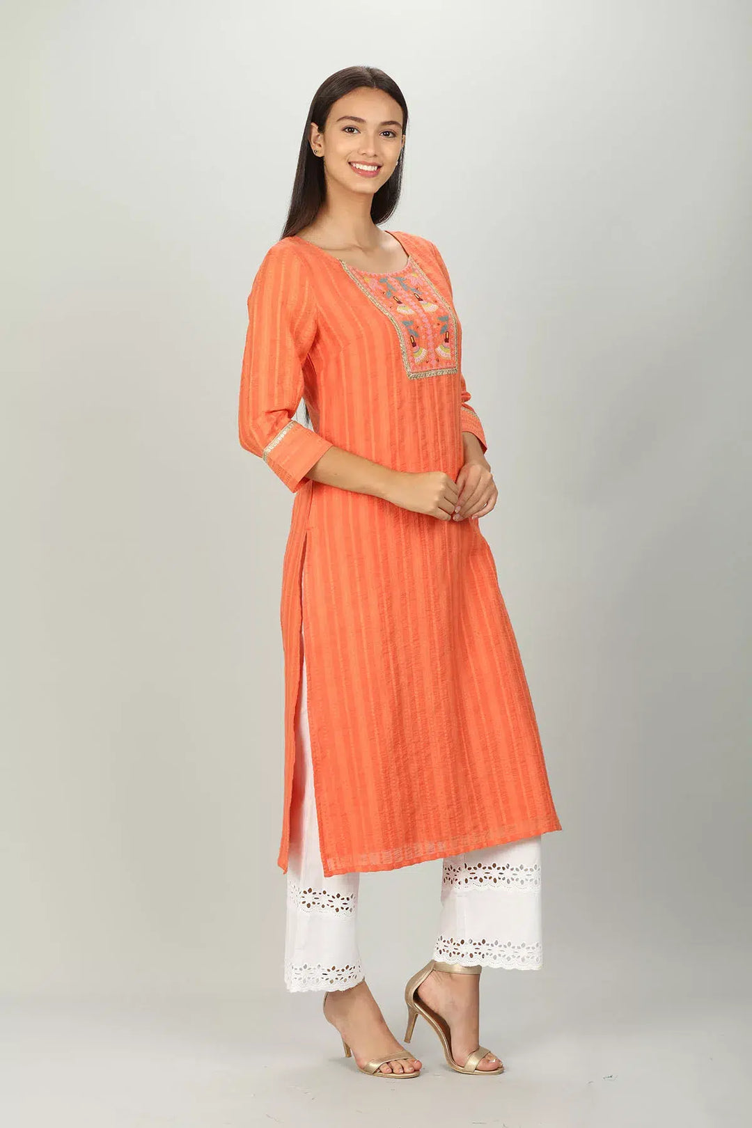 Embroidered &amp; Textured Orange Kurta