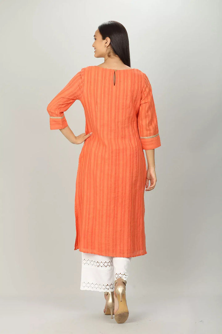 Embroidered &amp; Textured Orange Kurta