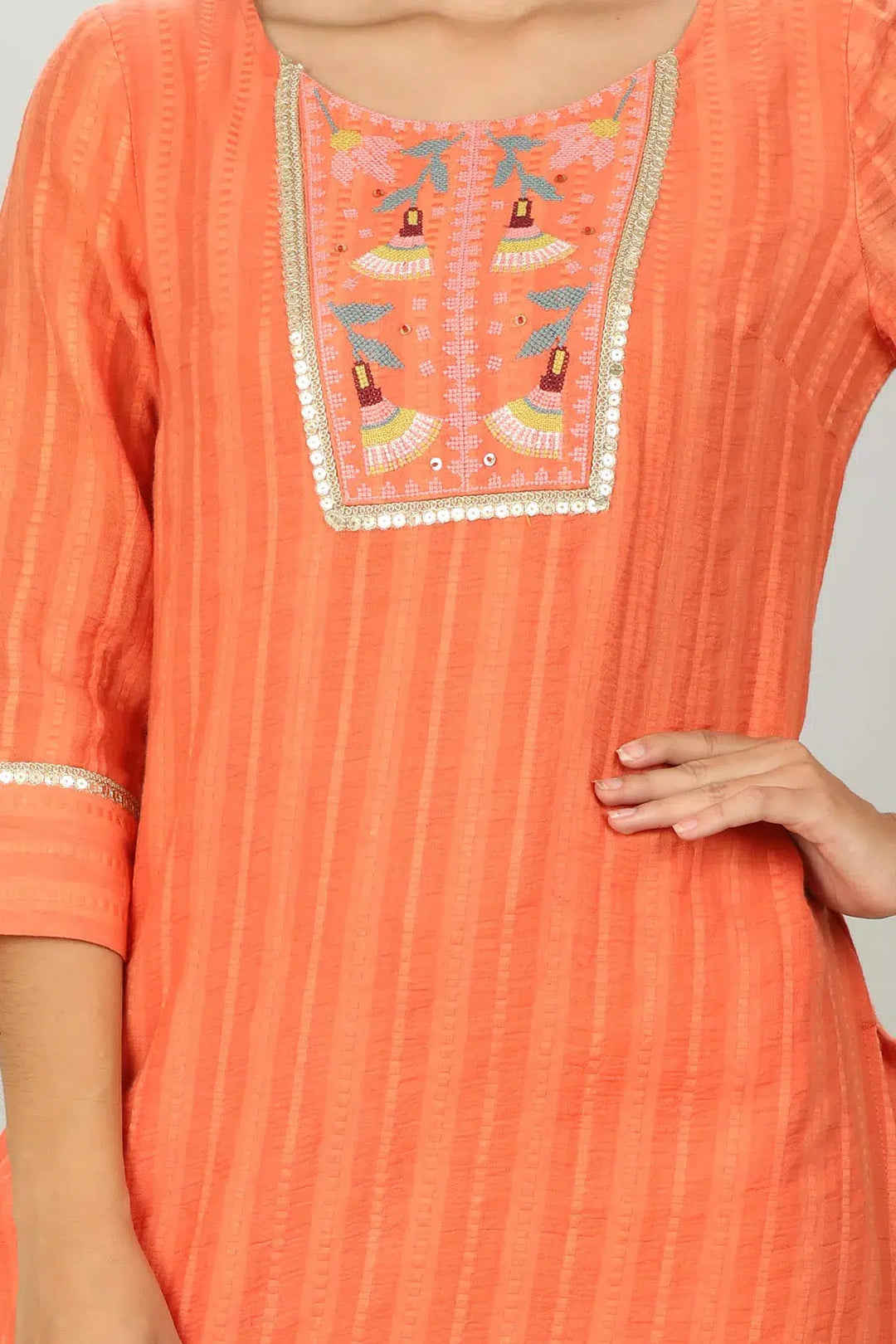 Embroidered &amp; Textured Orange Kurta