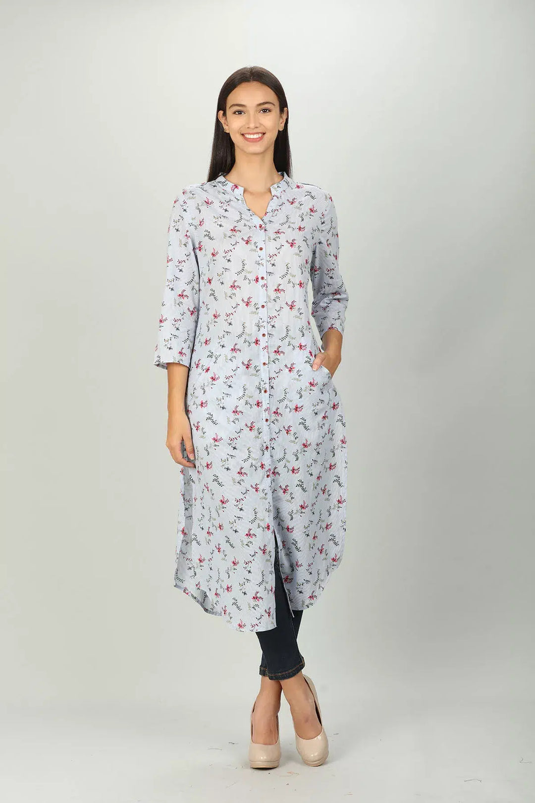 Light Grey printed Front Slit Kurti