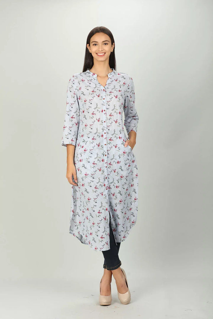 Light Grey printed Front Slit Kurti